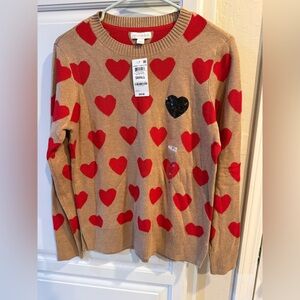 Charter Club Whimsy Heart Sweater Tan Red Hearts NWT Size S